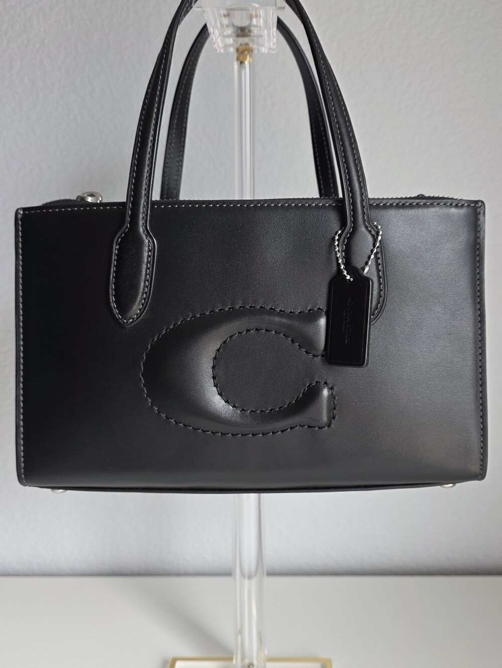 Coach Nina Small Tote Bag, Leather, Black, Silver, NWT